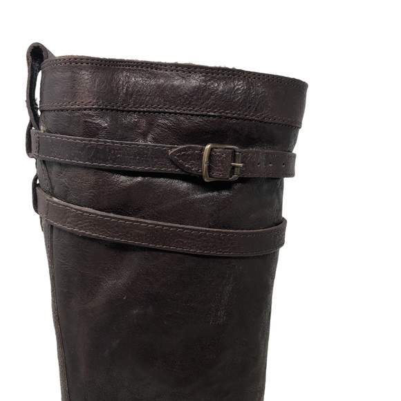 Frye Jane Chocolate Brown Tall Strappy Pull-On Chunky Heel Boots - Picture 6 of 11